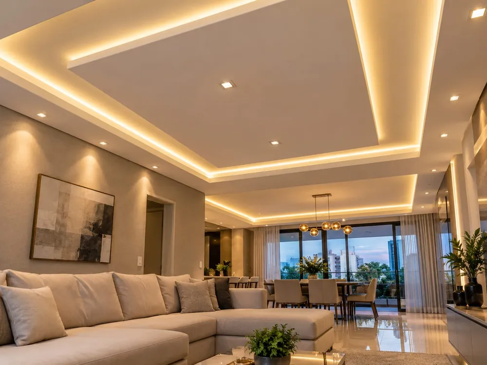 Sala de estar com forro de gesso rebaixado e sancas com iluminação LED embutida