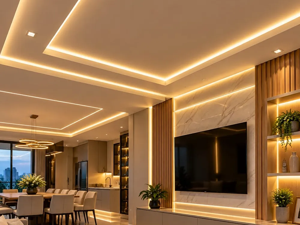 Sala com sancas de gesso e painel iluminados por fitas de LED em luz quente