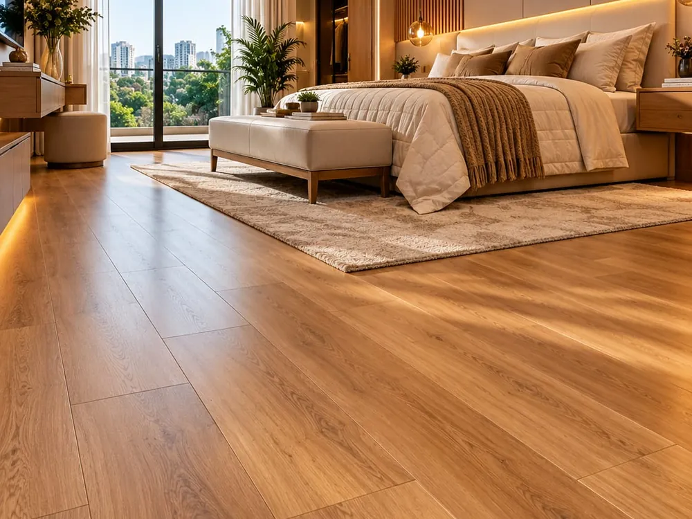Quarto com piso laminado em tom de madeira natural