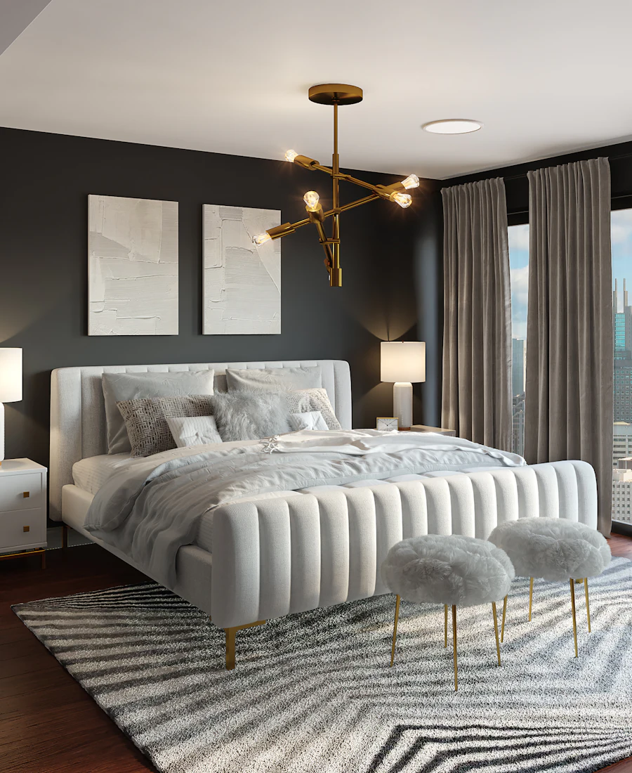 Quarto de apartamento com piso vinílico e iluminação indireta