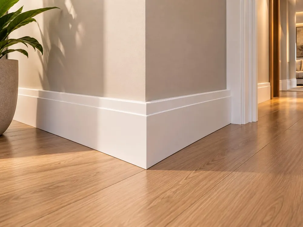 Detalhe de rodapé branco alto em parede com piso amadeirado